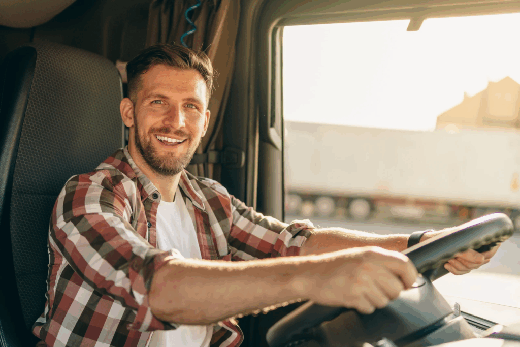A truck driver sitting confidently in a commercial vehicle, representing guidance and support for new drivers entering the industry.