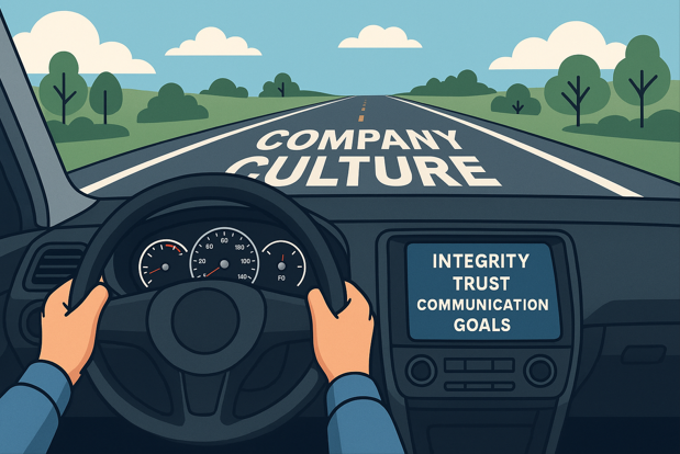 A digital illustration of a confident driver navigating a clear road, symbolizing leadership guiding company culture with vision and integrity.
