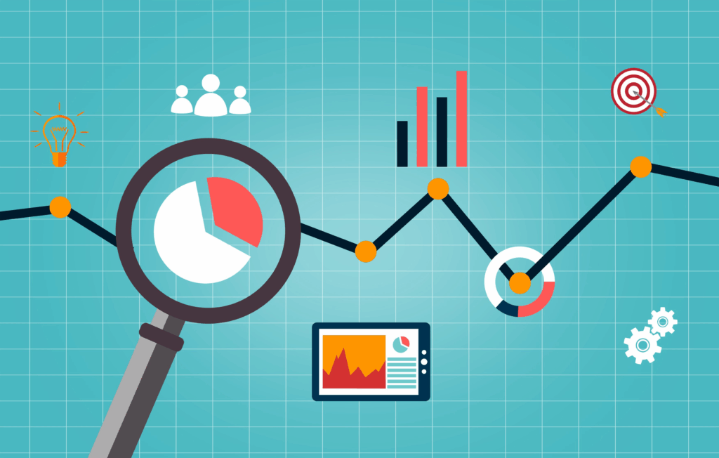 Illustration of data analytics concepts showing charts and graphs representing business growth and insights.