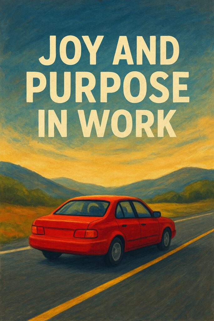 Motivational illustration of a vehicle symbolizing joy and purpose driving a fulfilling work culture.