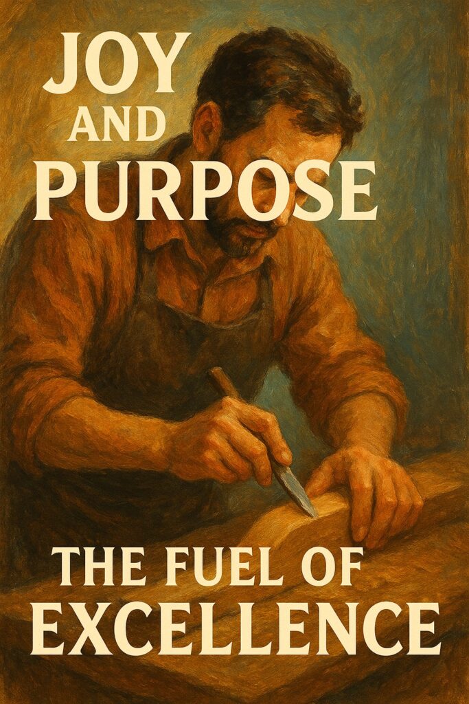 Artistic painting of a craftsman carefully perfecting his work, blended with a motivational quote about joy, purpose, and leadership.