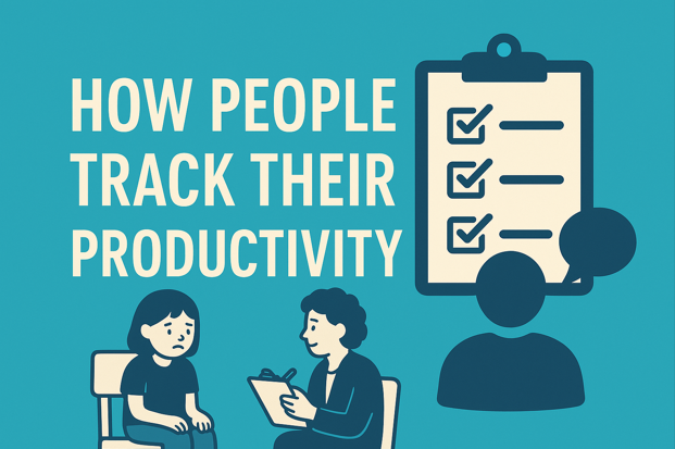 Illustration showing parallels between tracking productivity at work and challenges in child therapy, with a clipboard of checkmarks, a silhouette of a leader, and a child with a therapist, symbolizing measurement, accountability, and engagement.