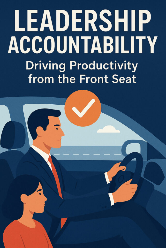 Illustration of a leader driving a car on a road, with employees following in smaller cars, symbolizing leadership accountability and how leaders set the direction for productivity and success.