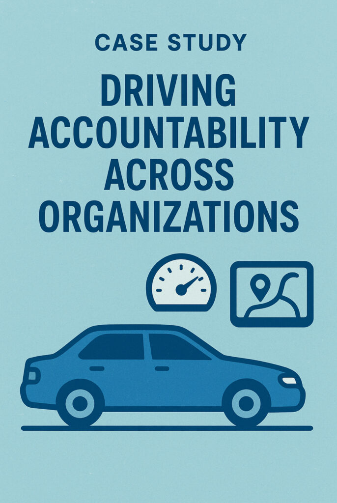 Case study cover with the title ‘Driving Accountability Across Organizations,’ featuring a blue car, speedometer icon, and GPS map icon on a light blue background.
