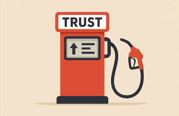 Illustration of a fuel pump labeled TRUST fueling a car, representing how trust powers workplace productivity.